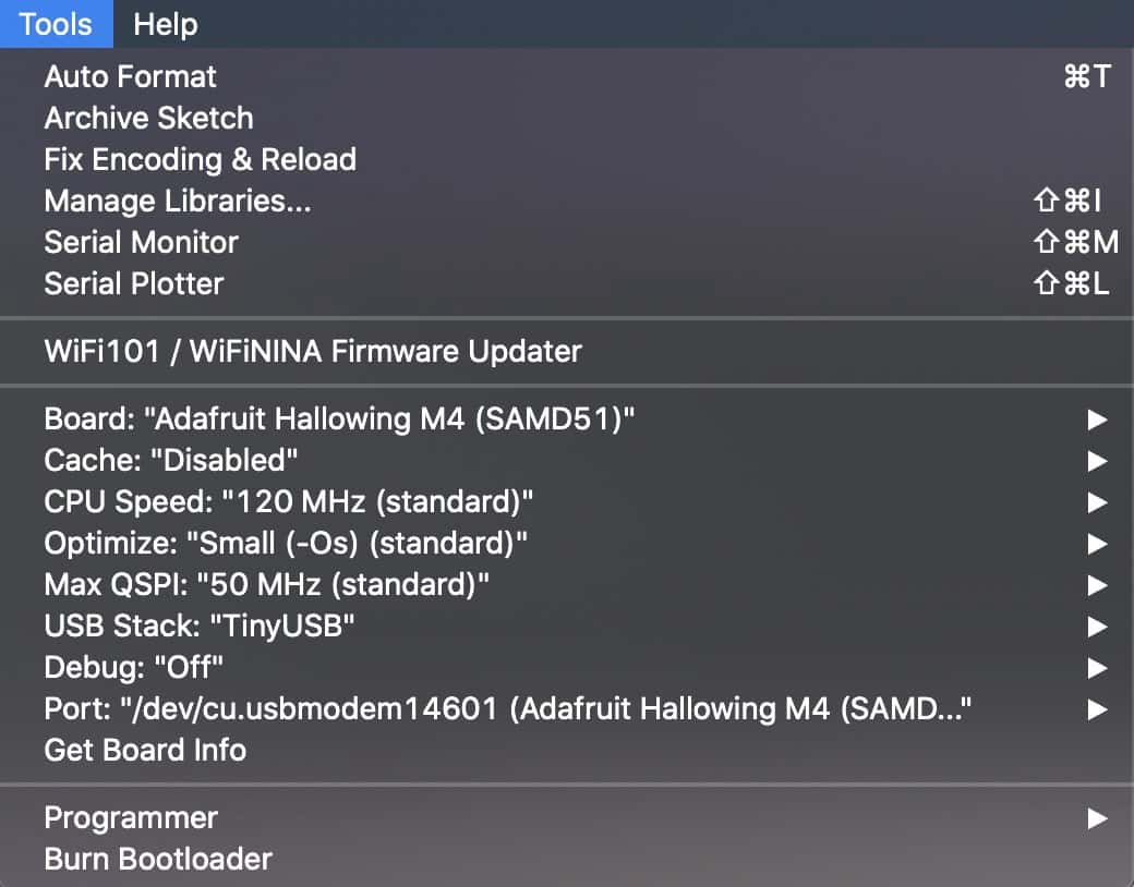 Arduino IDE Settings for HalloWing M4