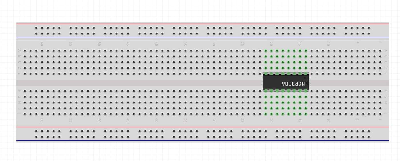 The MCP3008 on the breadboard