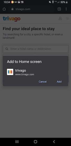 Installing the Trivago PWA on an Android phone