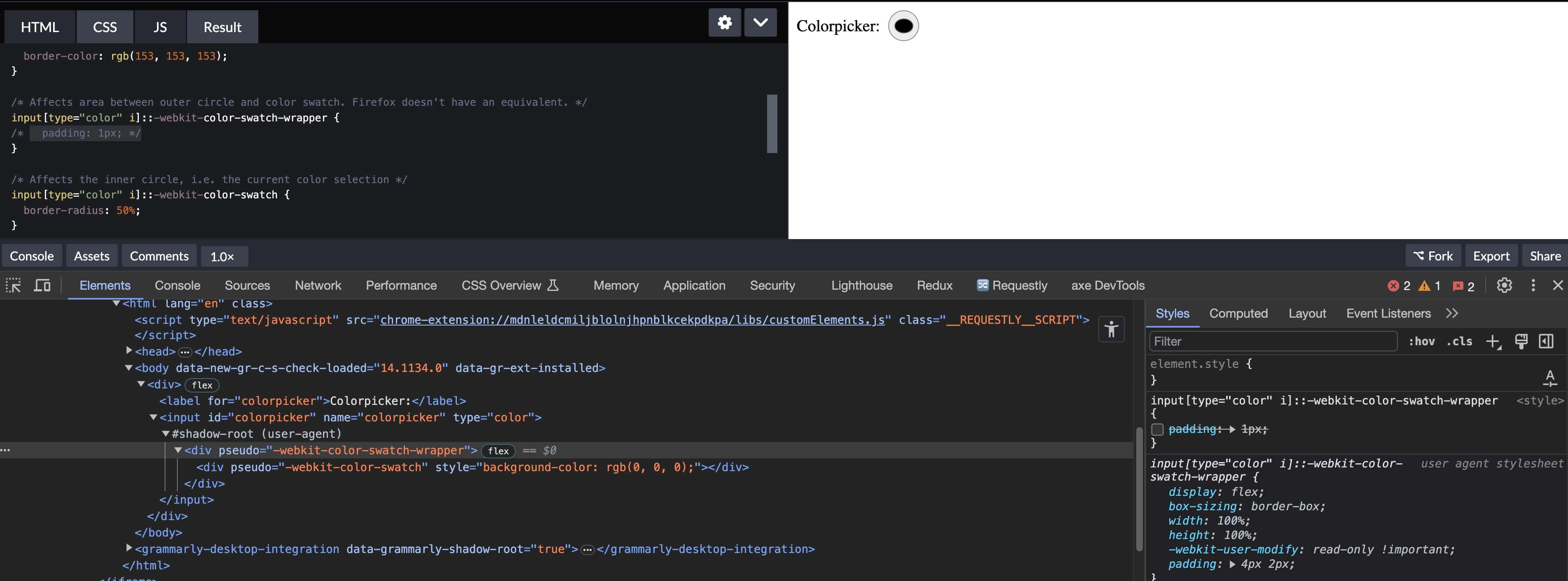 Screenshot of color input in Chrome with default padding for -webkit-color-swatch-wrapper pseudoclass
