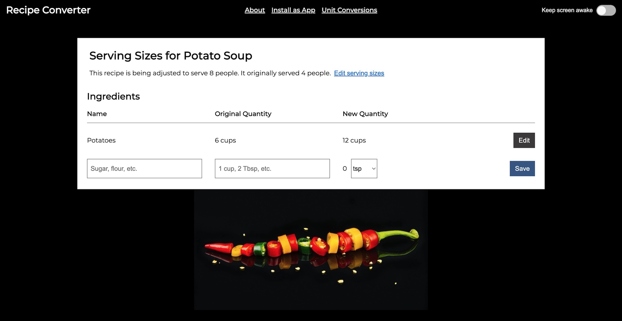 Screenshot of the Recipe Converter App